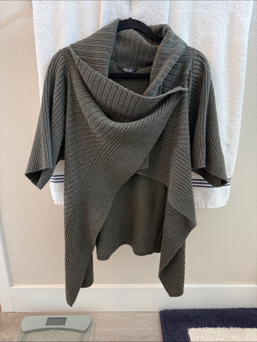 Ribbed Shawl-Collar Asymmetrical  cardigan Sweater in Olive